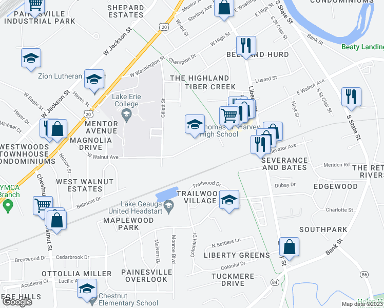 map of restaurants, bars, coffee shops, grocery stores, and more near 257 West Walnut Avenue in Painesville