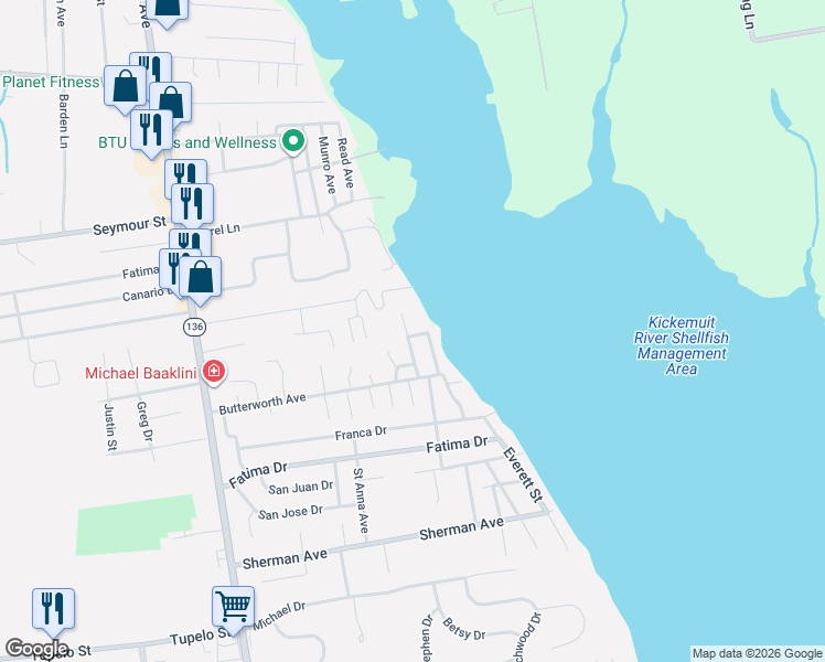 map of restaurants, bars, coffee shops, grocery stores, and more near 25 Pawtucket Avenue in Bristol