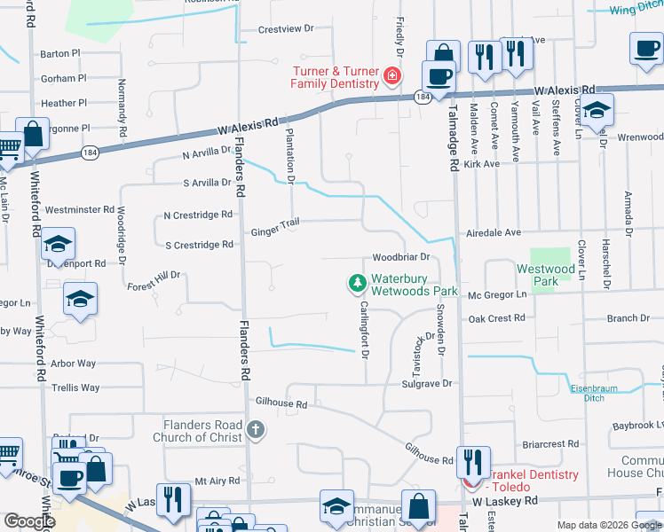 map of restaurants, bars, coffee shops, grocery stores, and more near 30 Meadow Lane in Toledo