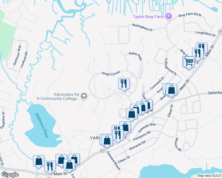 map of restaurants, bars, coffee shops, grocery stores, and more near 13 Oak Glen in Yarmouth