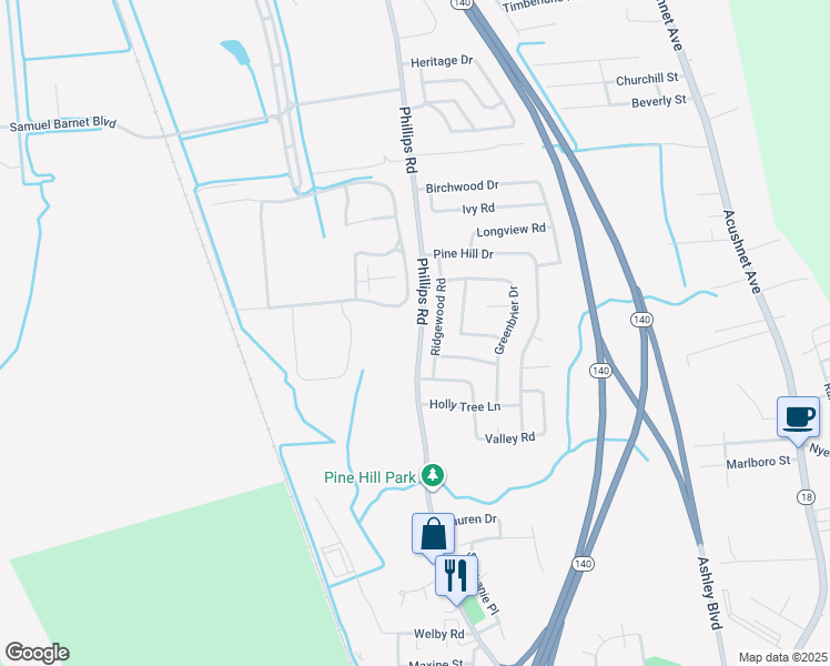 map of restaurants, bars, coffee shops, grocery stores, and more near 27 Ridgewood Road in New Bedford
