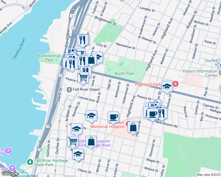 map of restaurants, bars, coffee shops, grocery stores, and more near 318 Belmont Street in Fall River