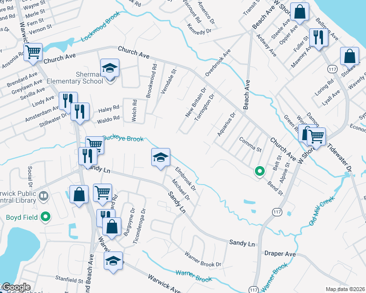 map of restaurants, bars, coffee shops, grocery stores, and more near in Warwick