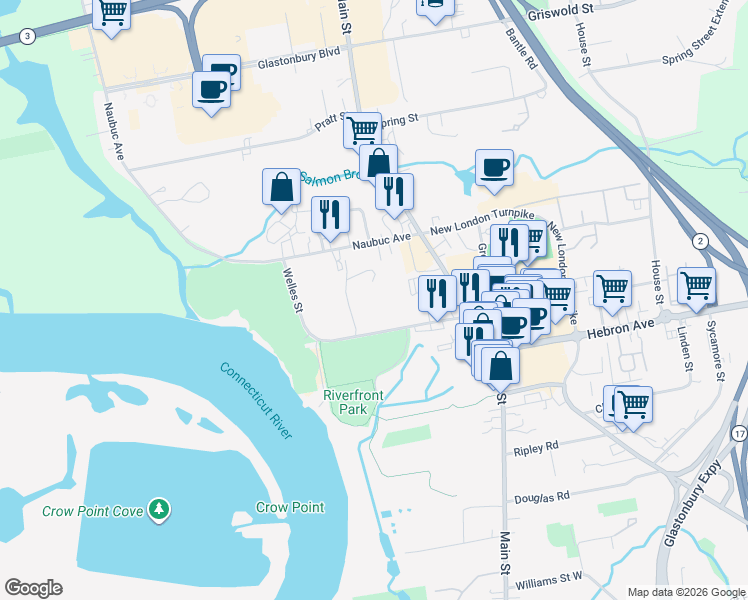 map of restaurants, bars, coffee shops, grocery stores, and more near 193 Welles Street in Glastonbury
