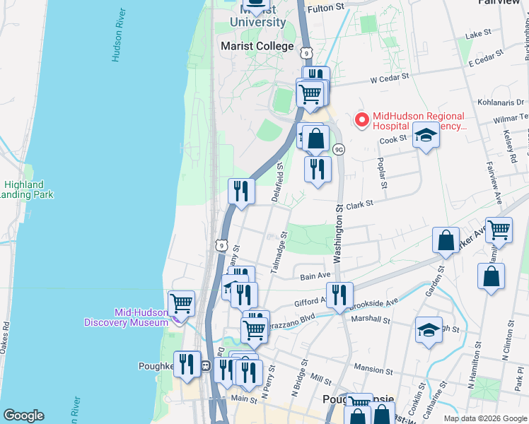 map of restaurants, bars, coffee shops, grocery stores, and more near 91 Delafield Street in Poughkeepsie