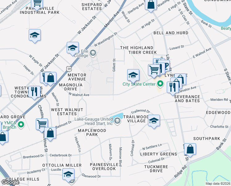 map of restaurants, bars, coffee shops, grocery stores, and more near 335 West Walnut Avenue in Painesville