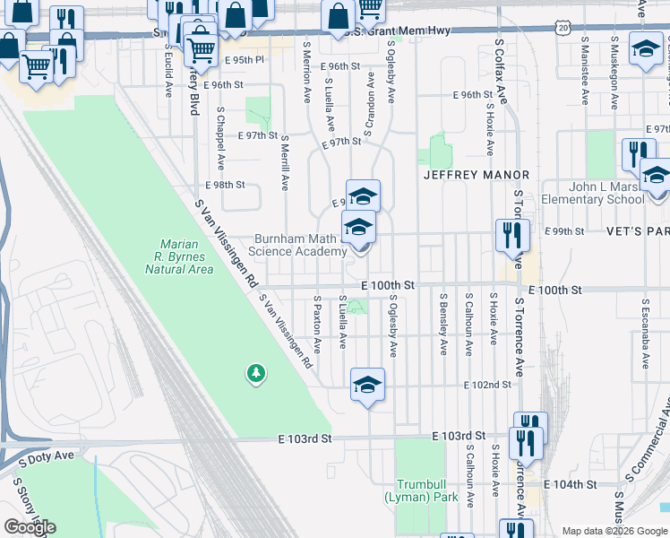 map of restaurants, bars, coffee shops, grocery stores, and more near 2254 East 100th Street in Chicago