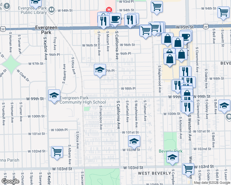 map of restaurants, bars, coffee shops, grocery stores, and more near 2759 West 99th Street in Chicago
