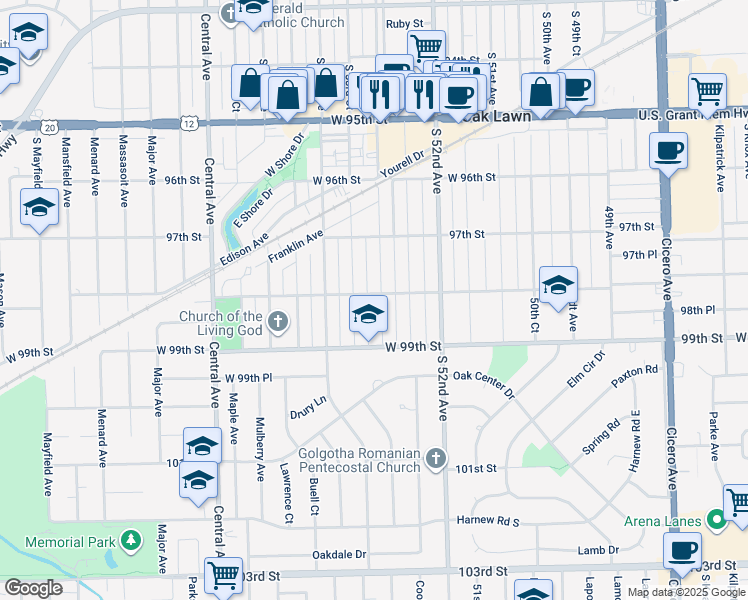 map of restaurants, bars, coffee shops, grocery stores, and more near 9818 South 53rd Avenue in Oak Lawn