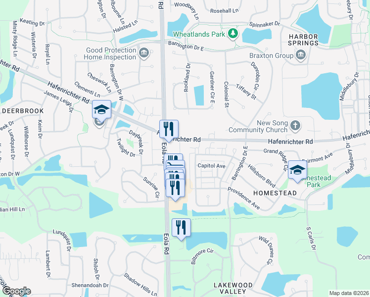 map of restaurants, bars, coffee shops, grocery stores, and more near 2260 South Eola Road in Aurora