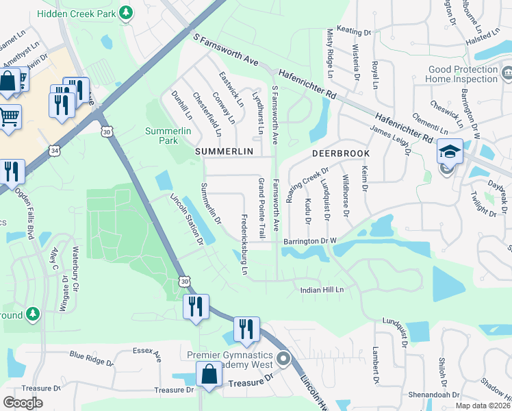 map of restaurants, bars, coffee shops, grocery stores, and more near 2269 Grand Pointe Trail in Aurora