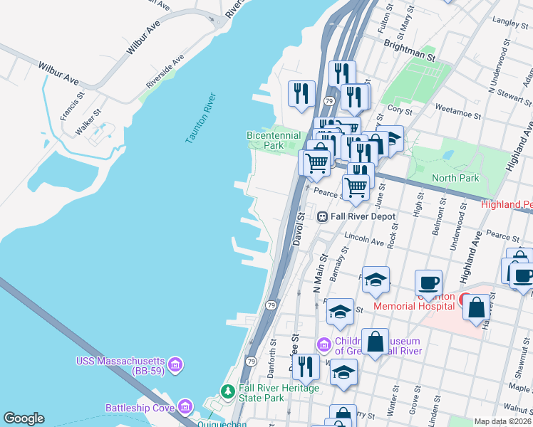 map of restaurants, bars, coffee shops, grocery stores, and more near 750 Davol Street in Fall River