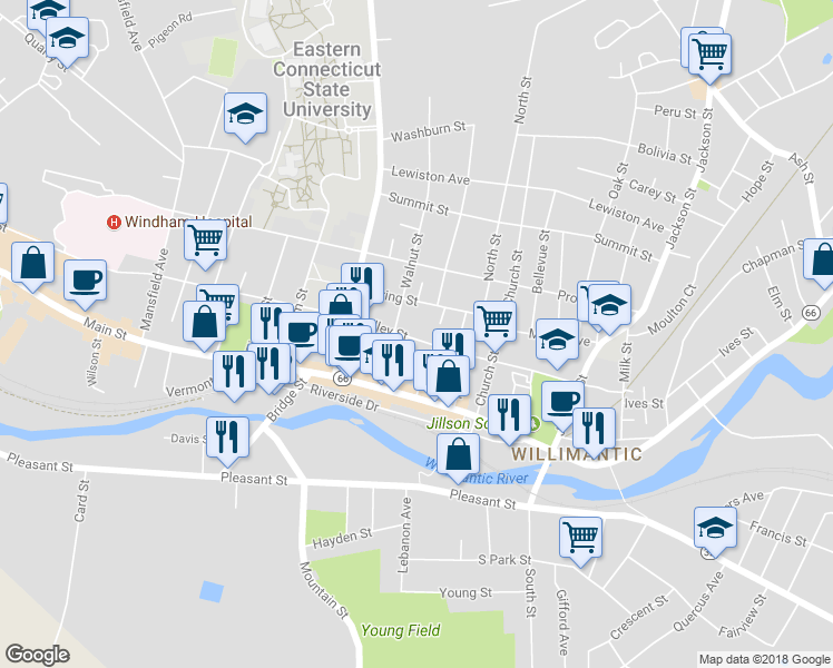 map of restaurants, bars, coffee shops, grocery stores, and more near 179 Valley Street in Windham