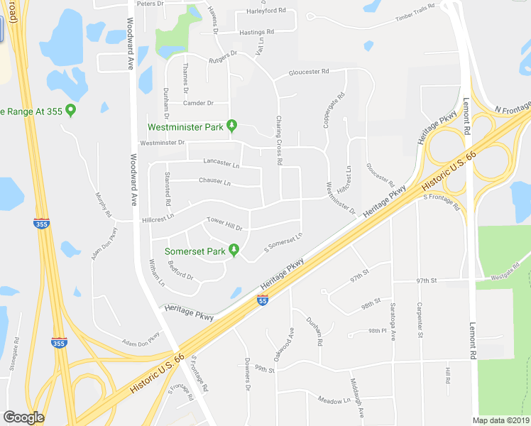 map of restaurants, bars, coffee shops, grocery stores, and more near 1239 Hillcrest Lane in Woodridge