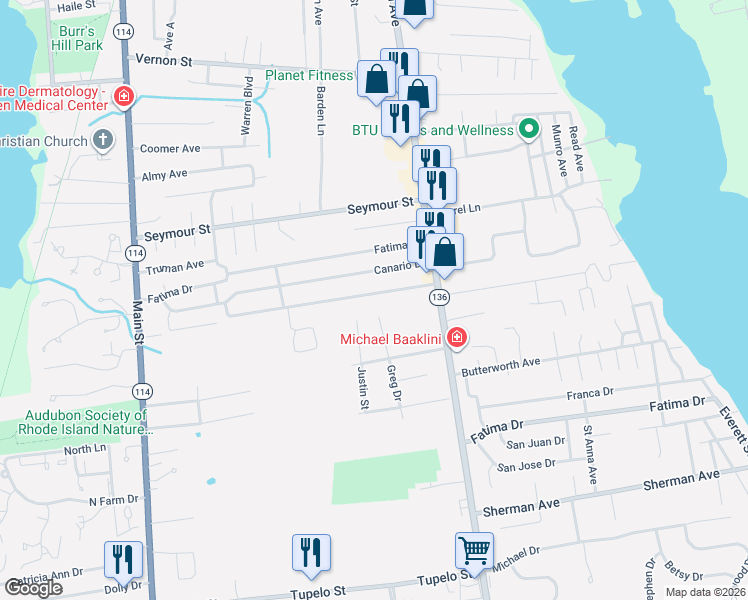 map of restaurants, bars, coffee shops, grocery stores, and more near 2 Justin Street in Warren