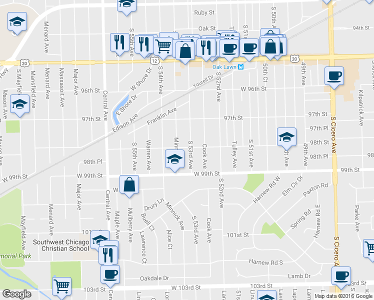 map of restaurants, bars, coffee shops, grocery stores, and more near 9818 South 53rd Avenue in Oak Lawn
