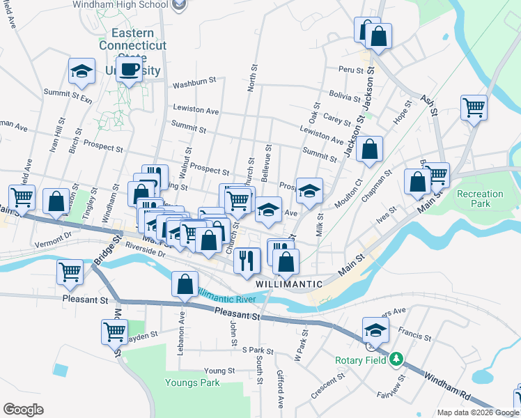 map of restaurants, bars, coffee shops, grocery stores, and more near Maple Avenue & Bellevue Street in Windham