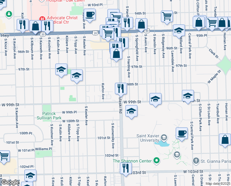map of restaurants, bars, coffee shops, grocery stores, and more near in Oak Lawn