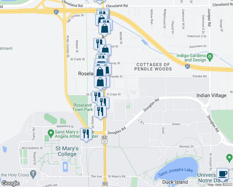 map of restaurants, bars, coffee shops, grocery stores, and more near 133 East Cripe Street in Notre Dame