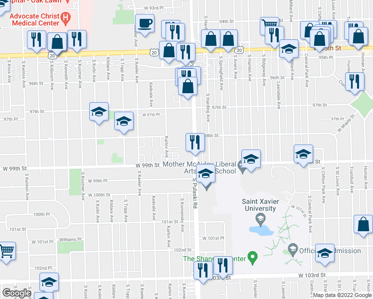 map of restaurants, bars, coffee shops, grocery stores, and more near 9820 South Pulaski Road in Oak Lawn
