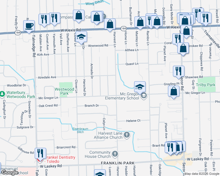 map of restaurants, bars, coffee shops, grocery stores, and more near 5401 Harvest Lane in Toledo