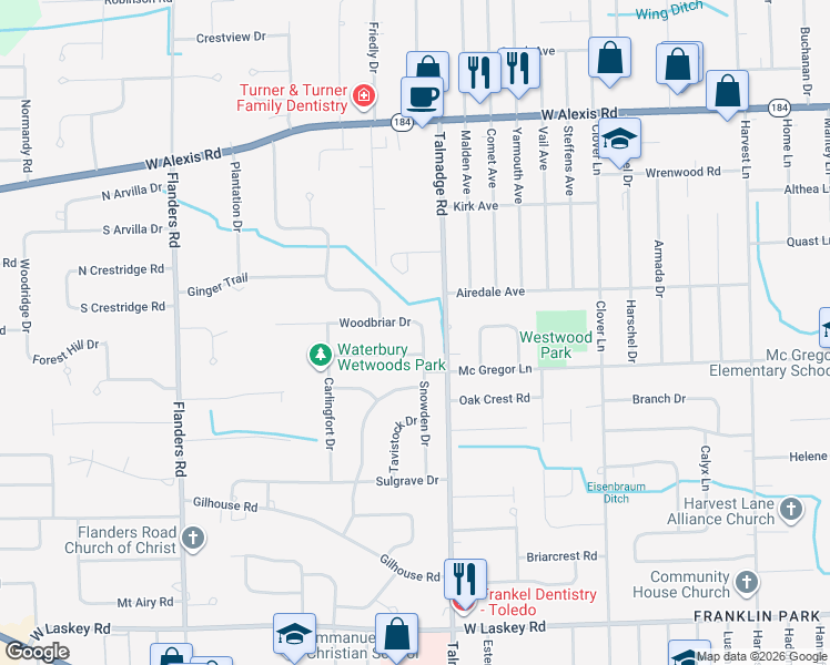 map of restaurants, bars, coffee shops, grocery stores, and more near 5410 Snowden Drive in Toledo
