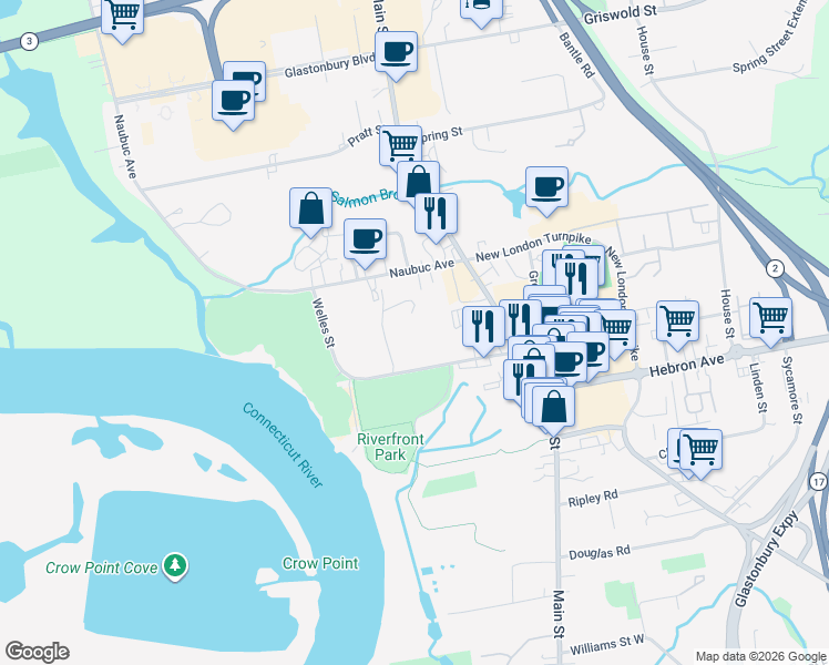 map of restaurants, bars, coffee shops, grocery stores, and more near 193 Welles Street in Glastonbury