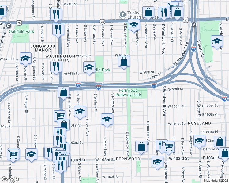 map of restaurants, bars, coffee shops, grocery stores, and more near 9901 South Normal Avenue in Chicago