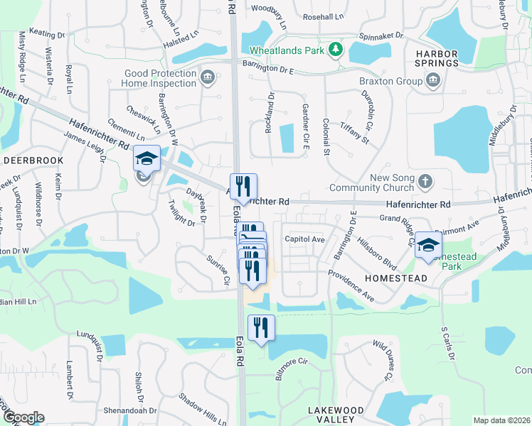 map of restaurants, bars, coffee shops, grocery stores, and more near 2260 South Eola Road in Aurora