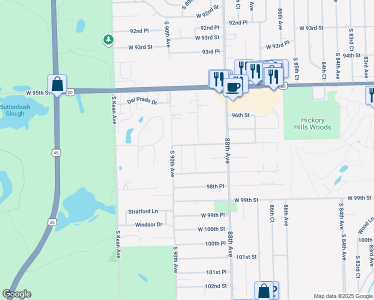 map of restaurants, bars, coffee shops, grocery stores, and more near 9731 89th Avenue in Palos Hills