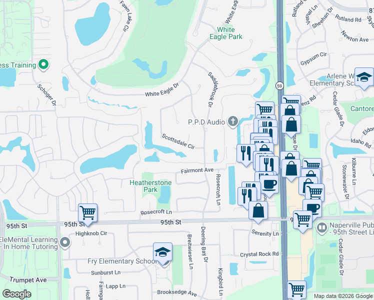map of restaurants, bars, coffee shops, grocery stores, and more near 3415 Fairmont Avenue in Naperville