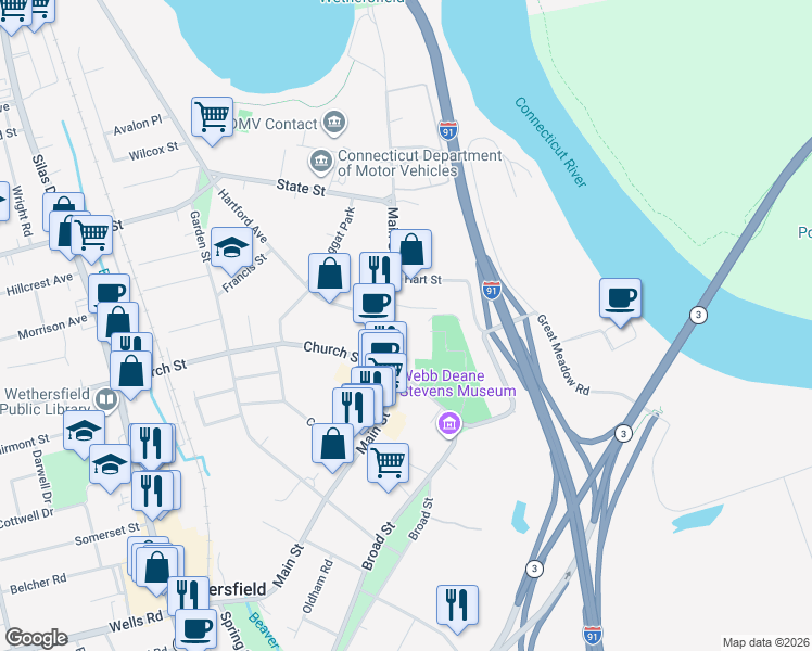 map of restaurants, bars, coffee shops, grocery stores, and more near 240 Main Street in Wethersfield