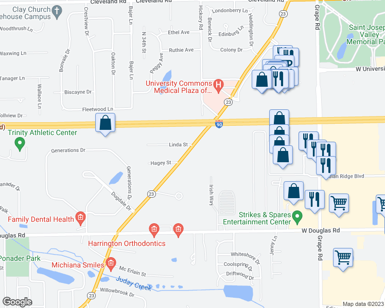 map of restaurants, bars, coffee shops, grocery stores, and more near 17060 Indiana 23 in South Bend