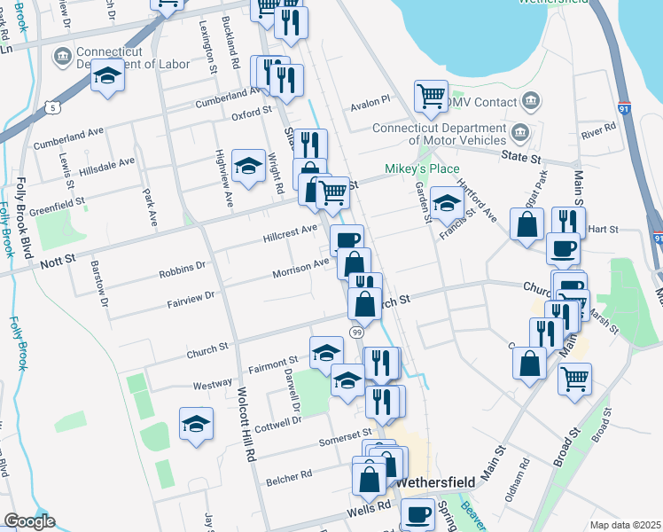map of restaurants, bars, coffee shops, grocery stores, and more near 455 Silas Deane Highway in Wethersfield