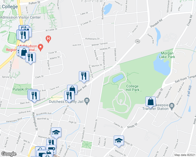 map of restaurants, bars, coffee shops, grocery stores, and more near 160 Parker Avenue in Poughkeepsie