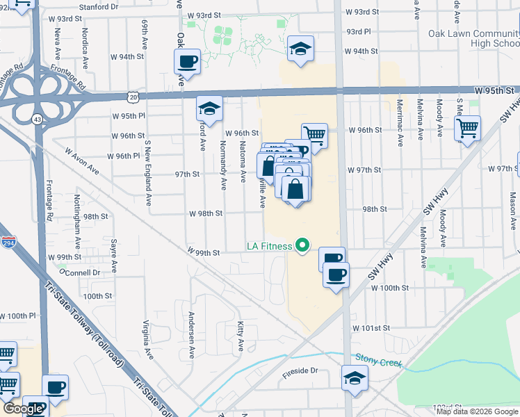 map of restaurants, bars, coffee shops, grocery stores, and more near 9758 Nashville Avenue in Oak Lawn
