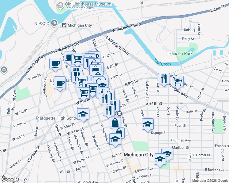 map of restaurants, bars, coffee shops, grocery stores, and more near 832 Pine Street in Michigan City