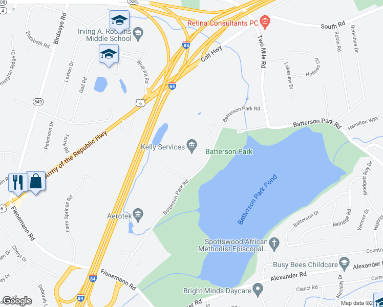 map of restaurants, bars, coffee shops, grocery stores, and more near 76 Batterson Park Road in Farmington