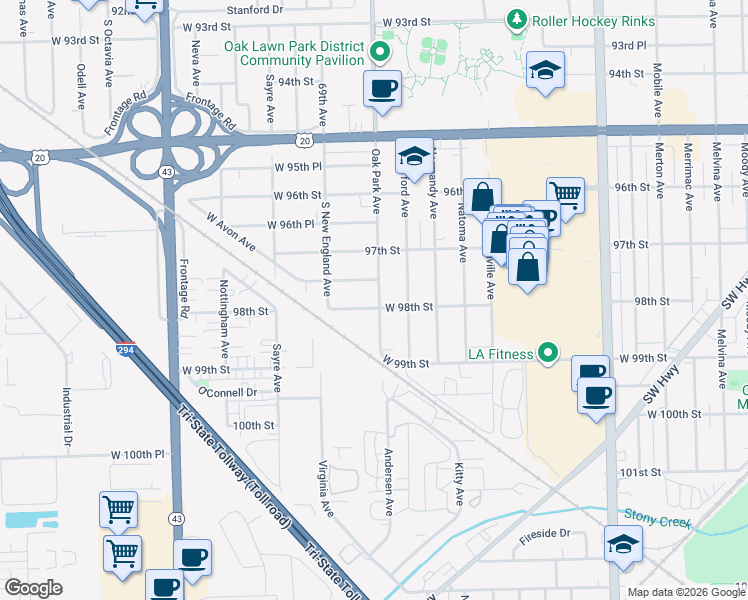 map of restaurants, bars, coffee shops, grocery stores, and more near 9801 Oak Park Avenue in Oak Lawn