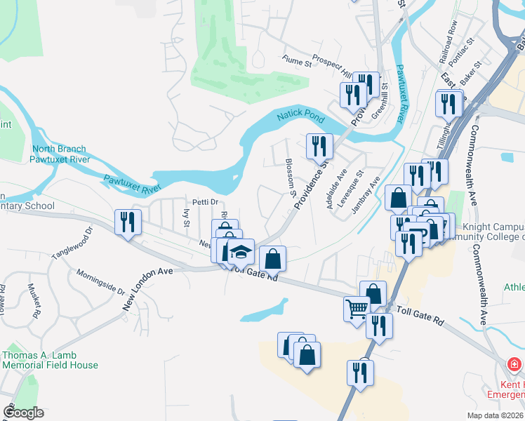 map of restaurants, bars, coffee shops, grocery stores, and more near 52 West Valley Circle in West Warwick