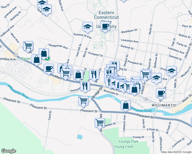 map of restaurants, bars, coffee shops, grocery stores, and more near 1031 Main Street in Windham