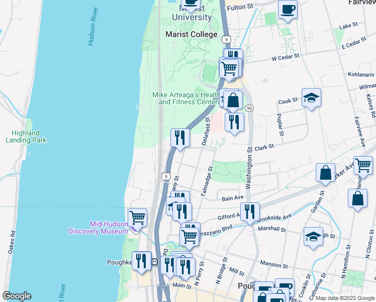 map of restaurants, bars, coffee shops, grocery stores, and more near 25 Whinfield Street in Poughkeepsie