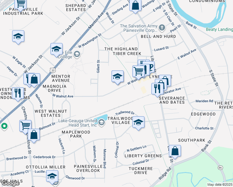 map of restaurants, bars, coffee shops, grocery stores, and more near 251 West Walnut Avenue in Painesville