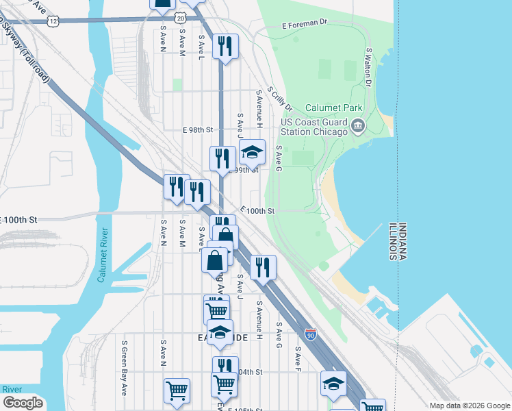 map of restaurants, bars, coffee shops, grocery stores, and more near 1851 East 100th Street in Chicago