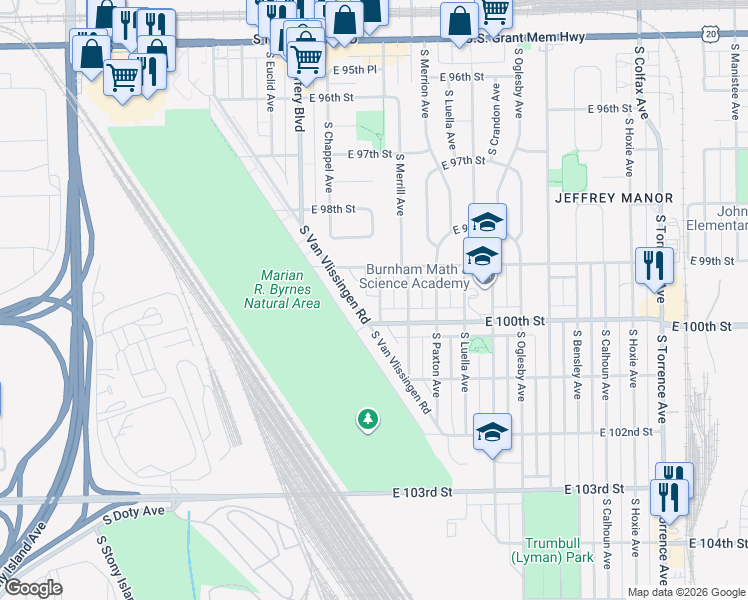 map of restaurants, bars, coffee shops, grocery stores, and more near 2134 East 100th Street in Chicago