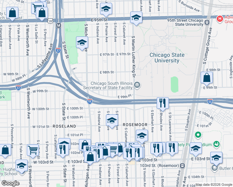 map of restaurants, bars, coffee shops, grocery stores, and more near 9962 South Forest Avenue in Chicago