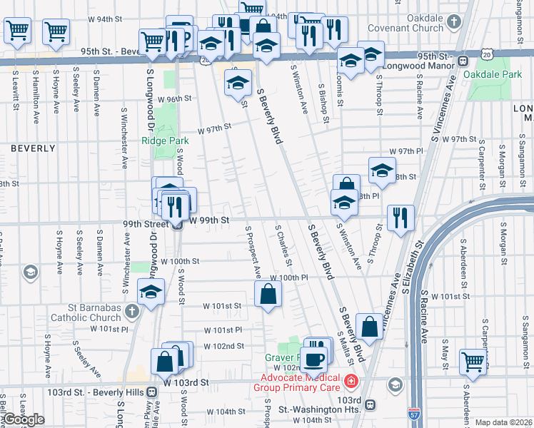 map of restaurants, bars, coffee shops, grocery stores, and more near 9914 South Charles Street in Chicago