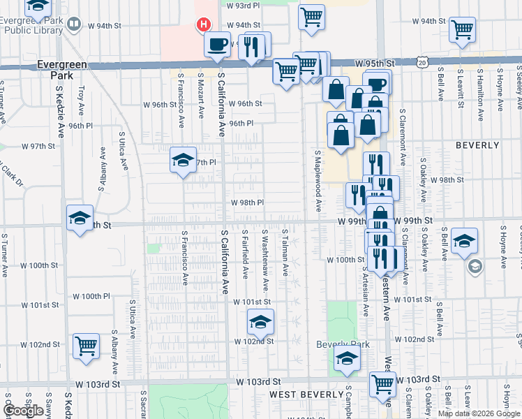 map of restaurants, bars, coffee shops, grocery stores, and more near 2717 West 99th Street in Chicago