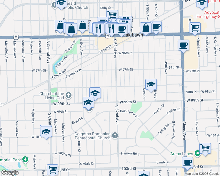 map of restaurants, bars, coffee shops, grocery stores, and more near 9825 Cook Avenue in Oak Lawn