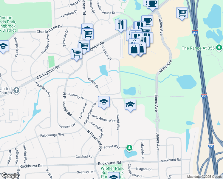 map of restaurants, bars, coffee shops, grocery stores, and more near 548 Falconridge Way in Bolingbrook
